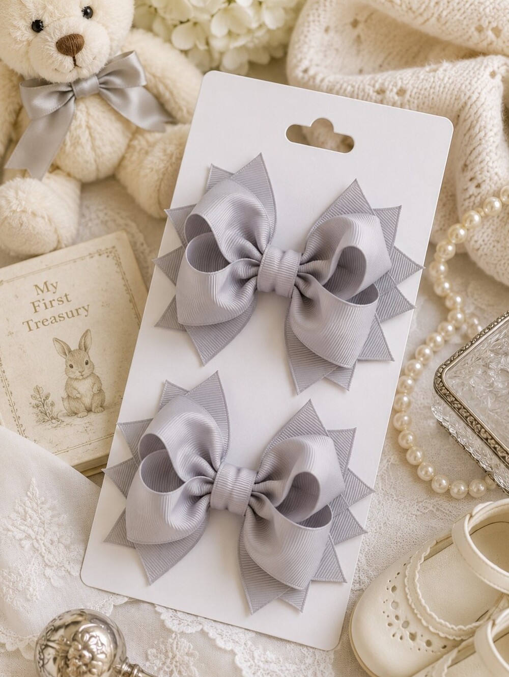 Shimmy Shimmy Gray Boutique Hair Bows Set of 2 NWT Made in USA